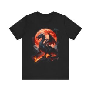 Lady Warrior on a Black Dragon with a Blood Red Moon  (Unisex Jersey Short Sleeve Tee)