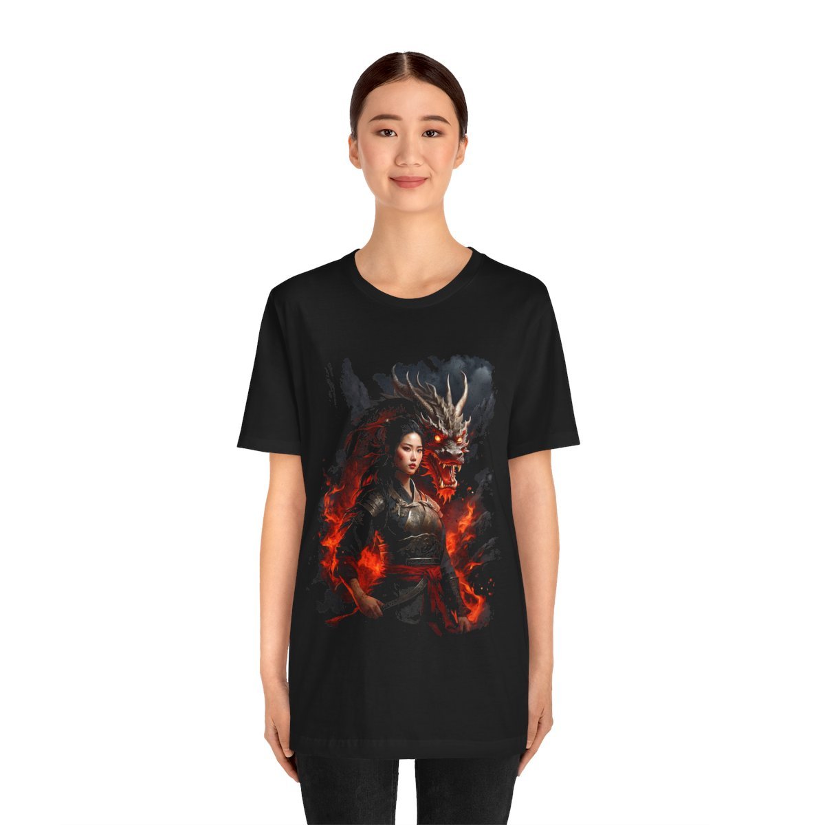 Flamebound Dragon Lady Warrior (Unisex Jersey Short Sleeve Tee) - Image 12