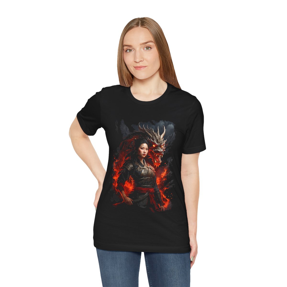 Flamebound Dragon Lady Warrior (Unisex Jersey Short Sleeve Tee) - Image 13