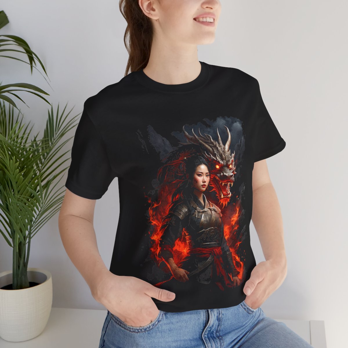 Flamebound Dragon Lady Warrior (Unisex Jersey Short Sleeve Tee) - Image 24
