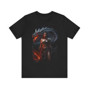 Barbarian Woman Warrior with a Red Fire Dragon (Unisex Jersey Short Sleeve Tee)