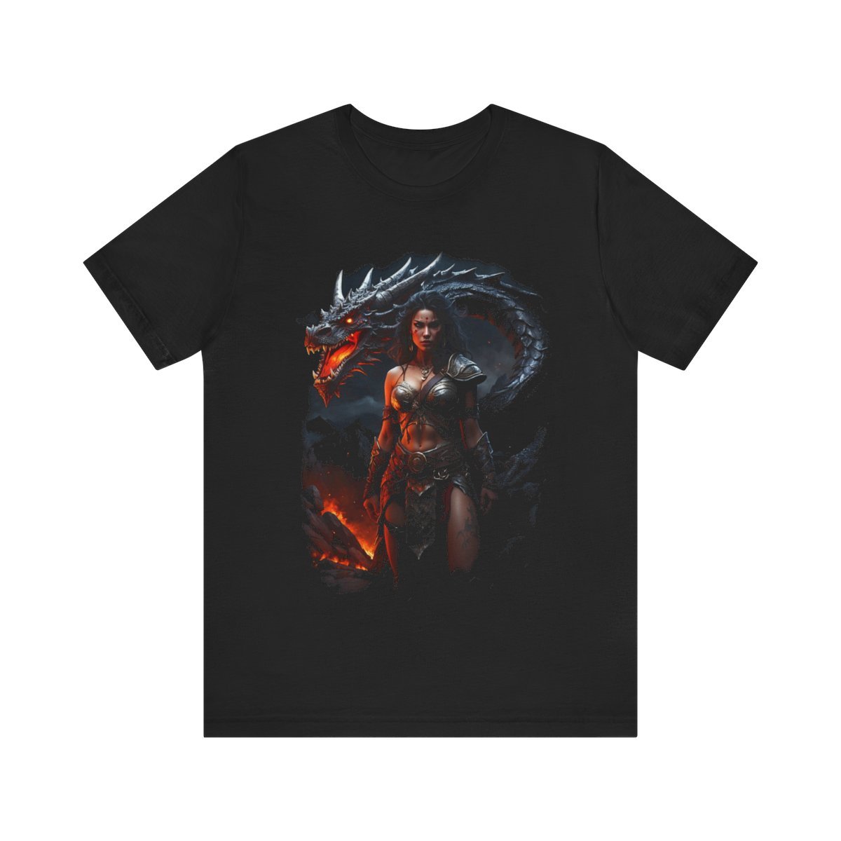 Barbarian Woman Warrior with a Red Fire Dragon (Unisex Jersey Short Sleeve Tee)