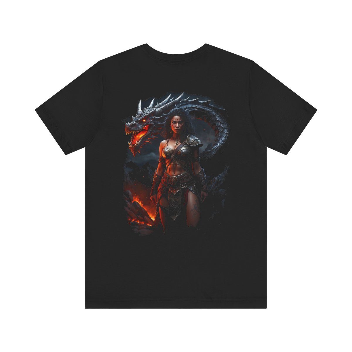 Barbarian Woman Warrior with a Red Fire Dragon (Unisex Jersey Short Sleeve Tee) - Image 3