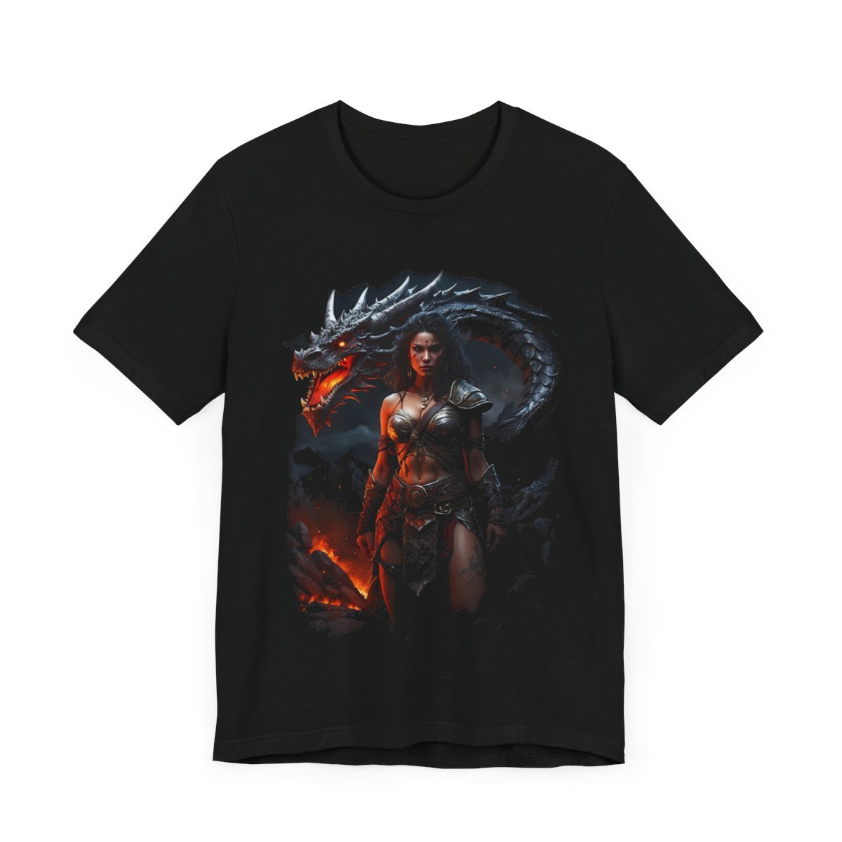 Barbarian Woman Warrior with a Red Fire Dragon (Unisex Jersey Short Sleeve Tee) - Image 4
