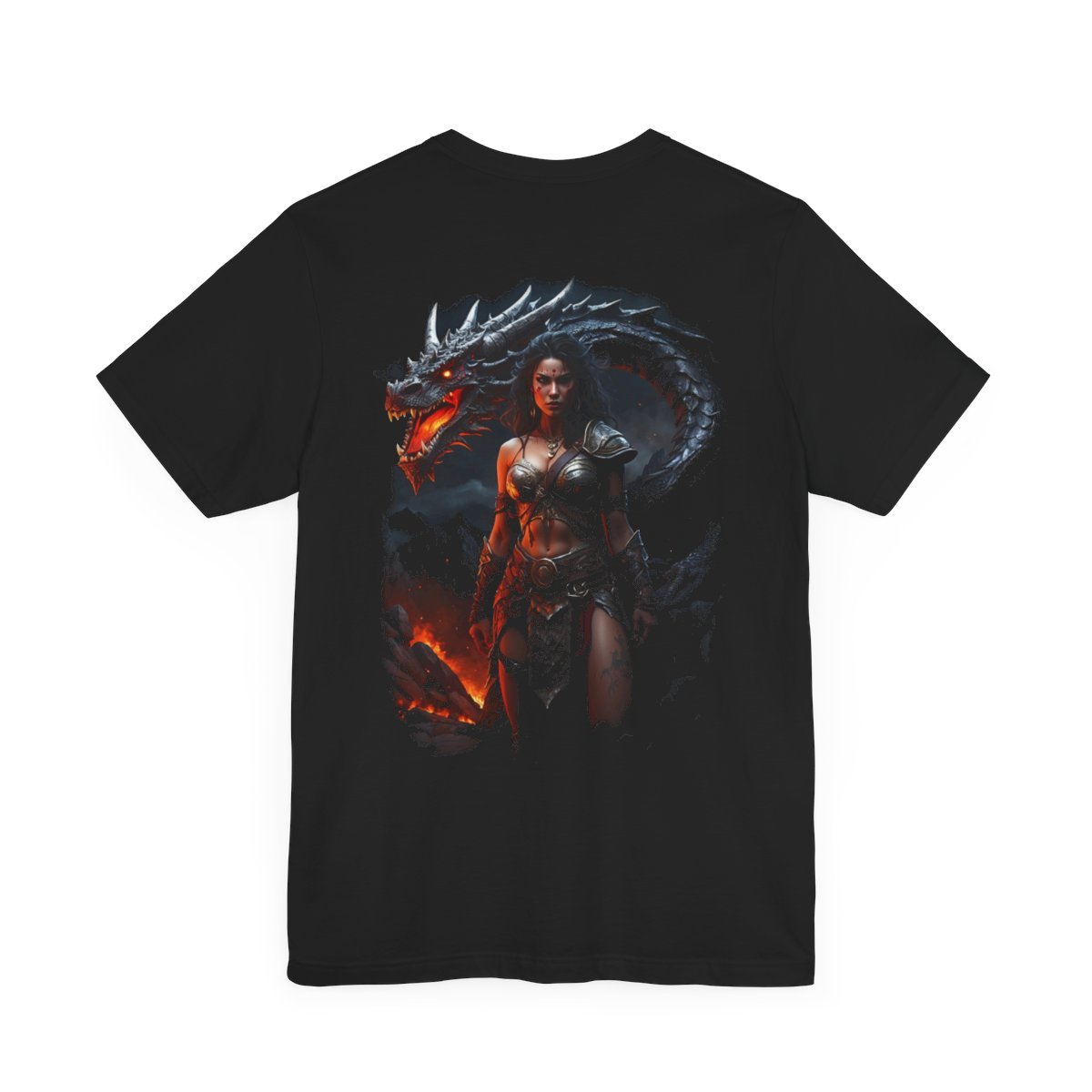 Barbarian Woman Warrior with a Red Fire Dragon (Unisex Jersey Short Sleeve Tee) - Image 5