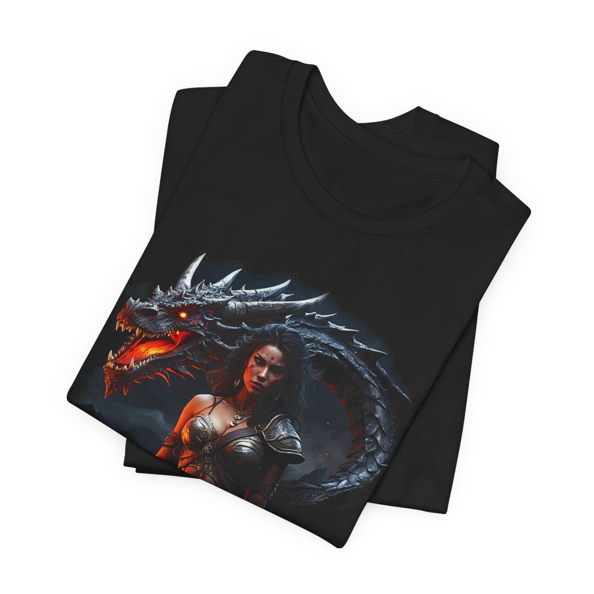 Barbarian Woman Warrior with a Red Fire Dragon (Unisex Jersey Short Sleeve Tee) - Image 6