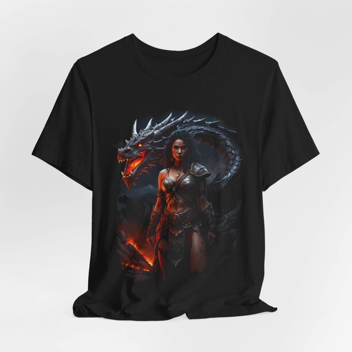 Barbarian Woman Warrior with a Red Fire Dragon (Unisex Jersey Short Sleeve Tee) - Image 7