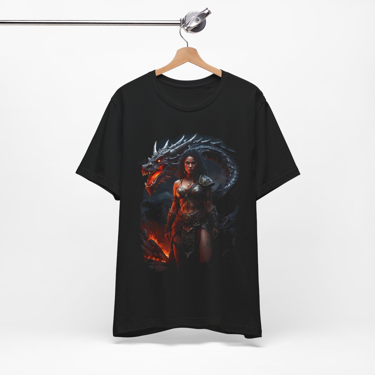 Barbarian Woman Warrior with a Red Fire Dragon (Unisex Jersey Short Sleeve Tee) - Image 8