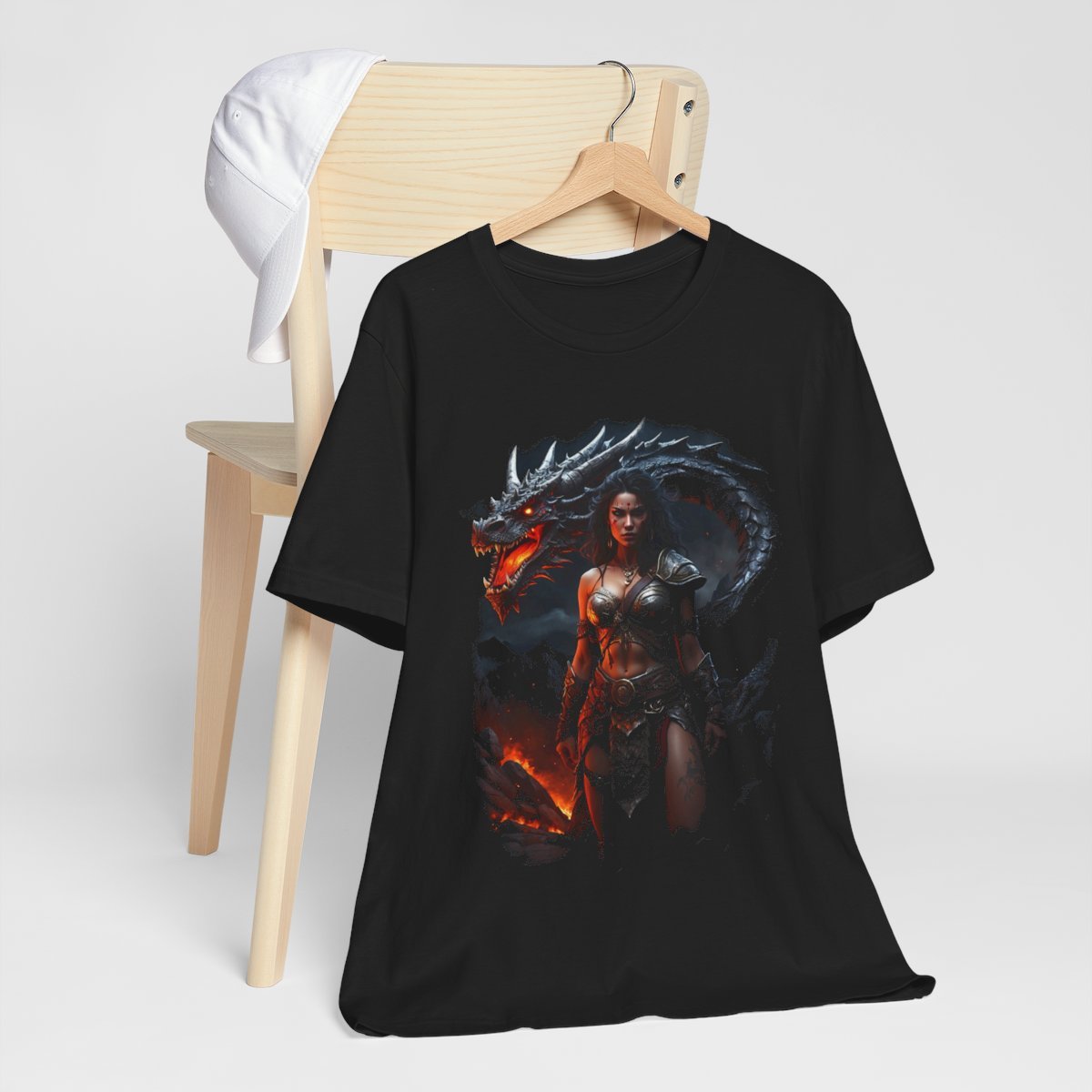 Barbarian Woman Warrior with a Red Fire Dragon (Unisex Jersey Short Sleeve Tee) - Image 9