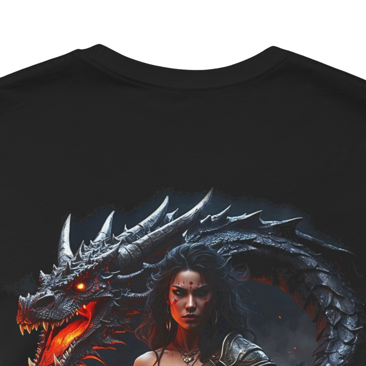 Barbarian Woman Warrior with a Red Fire Dragon (Unisex Jersey Short Sleeve Tee) - Image 11