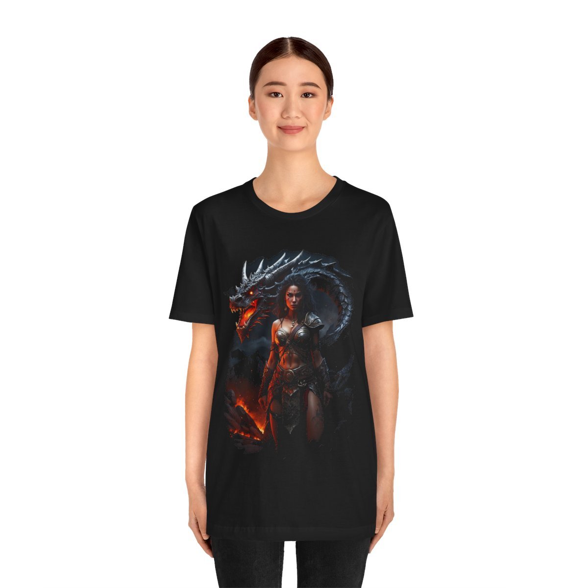 Barbarian Woman Warrior with a Red Fire Dragon (Unisex Jersey Short Sleeve Tee) - Image 12