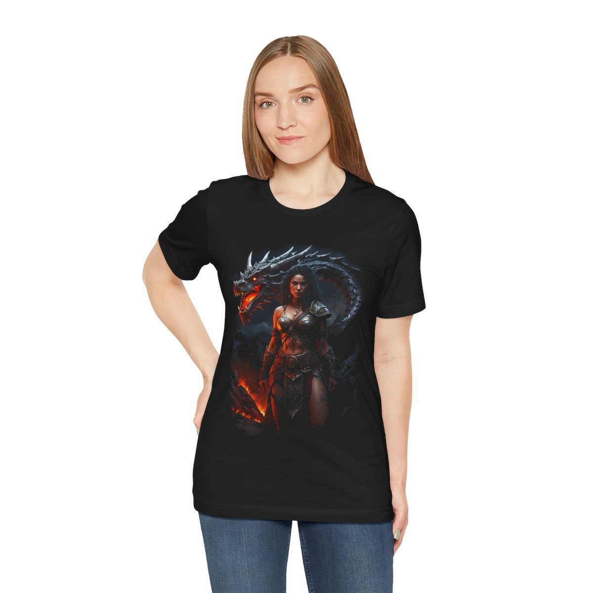 Barbarian Woman Warrior with a Red Fire Dragon (Unisex Jersey Short Sleeve Tee) - Image 13