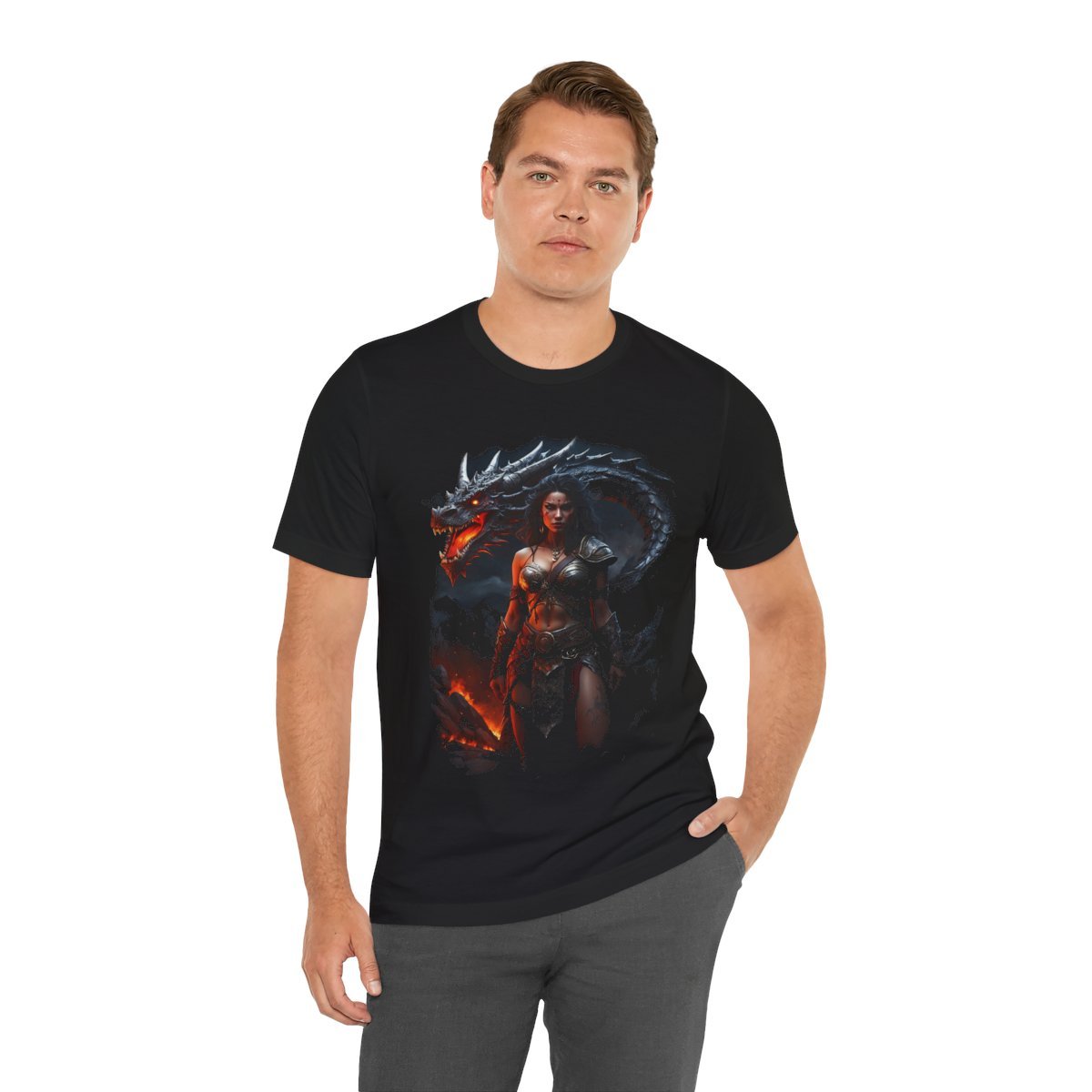 Barbarian Woman Warrior with a Red Fire Dragon (Unisex Jersey Short Sleeve Tee) - Image 14
