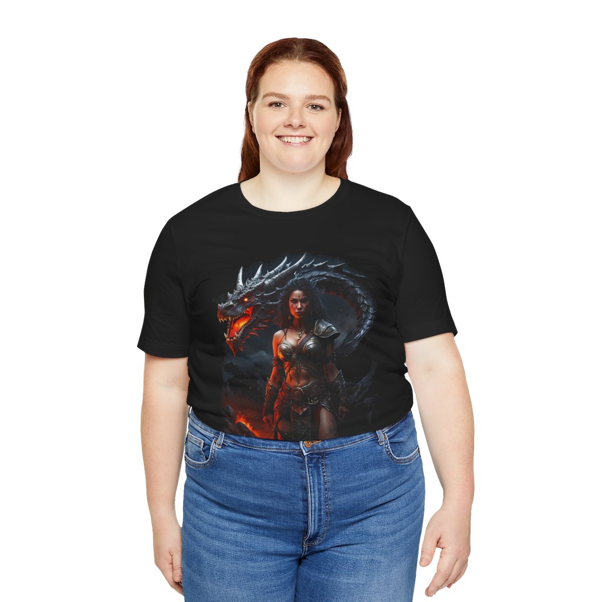 Barbarian Woman Warrior with a Red Fire Dragon (Unisex Jersey Short Sleeve Tee) - Image 15