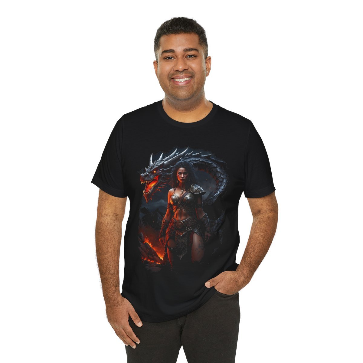 Barbarian Woman Warrior with a Red Fire Dragon (Unisex Jersey Short Sleeve Tee) - Image 16