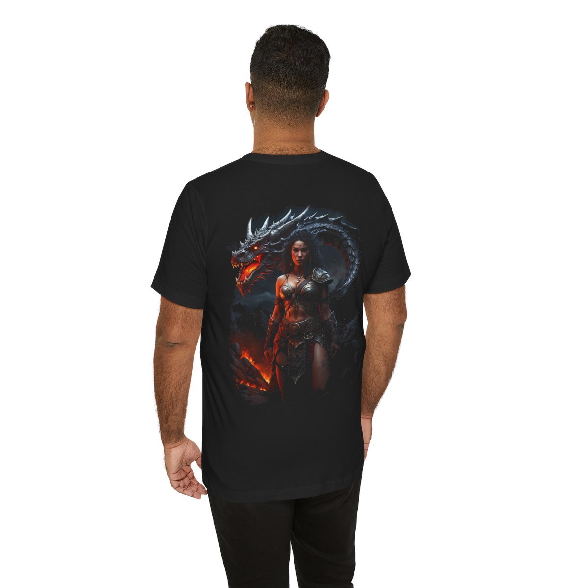 Barbarian Woman Warrior with a Red Fire Dragon (Unisex Jersey Short Sleeve Tee) - Image 17
