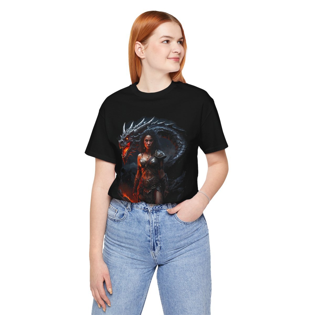 Barbarian Woman Warrior with a Red Fire Dragon (Unisex Jersey Short Sleeve Tee) - Image 18