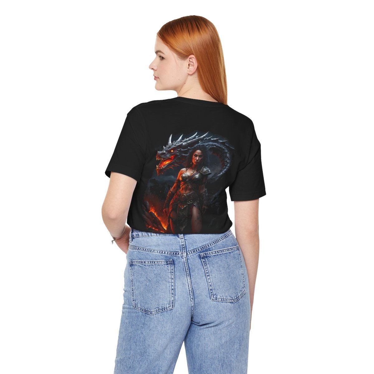 Barbarian Woman Warrior with a Red Fire Dragon (Unisex Jersey Short Sleeve Tee) - Image 19