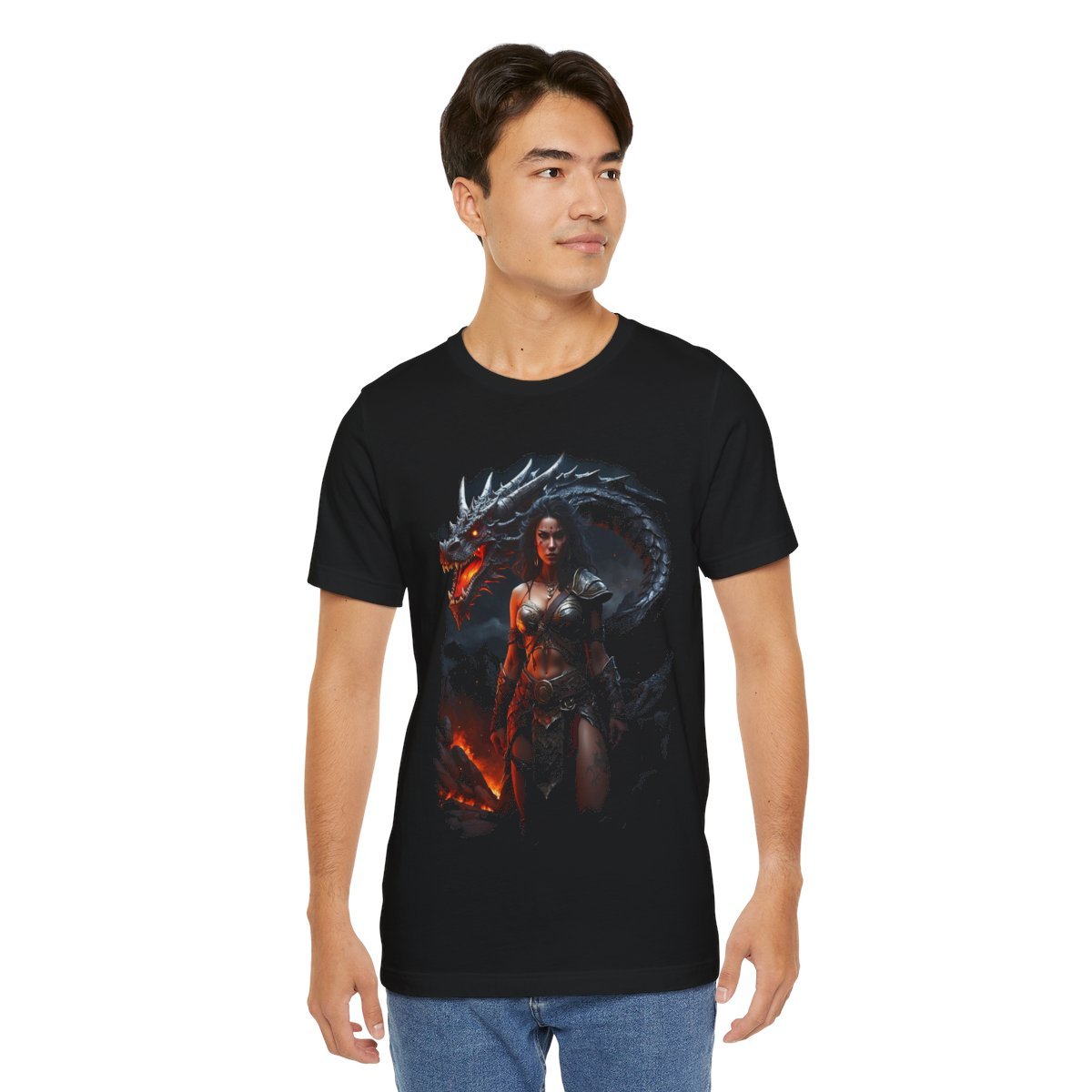 Barbarian Woman Warrior with a Red Fire Dragon (Unisex Jersey Short Sleeve Tee) - Image 20