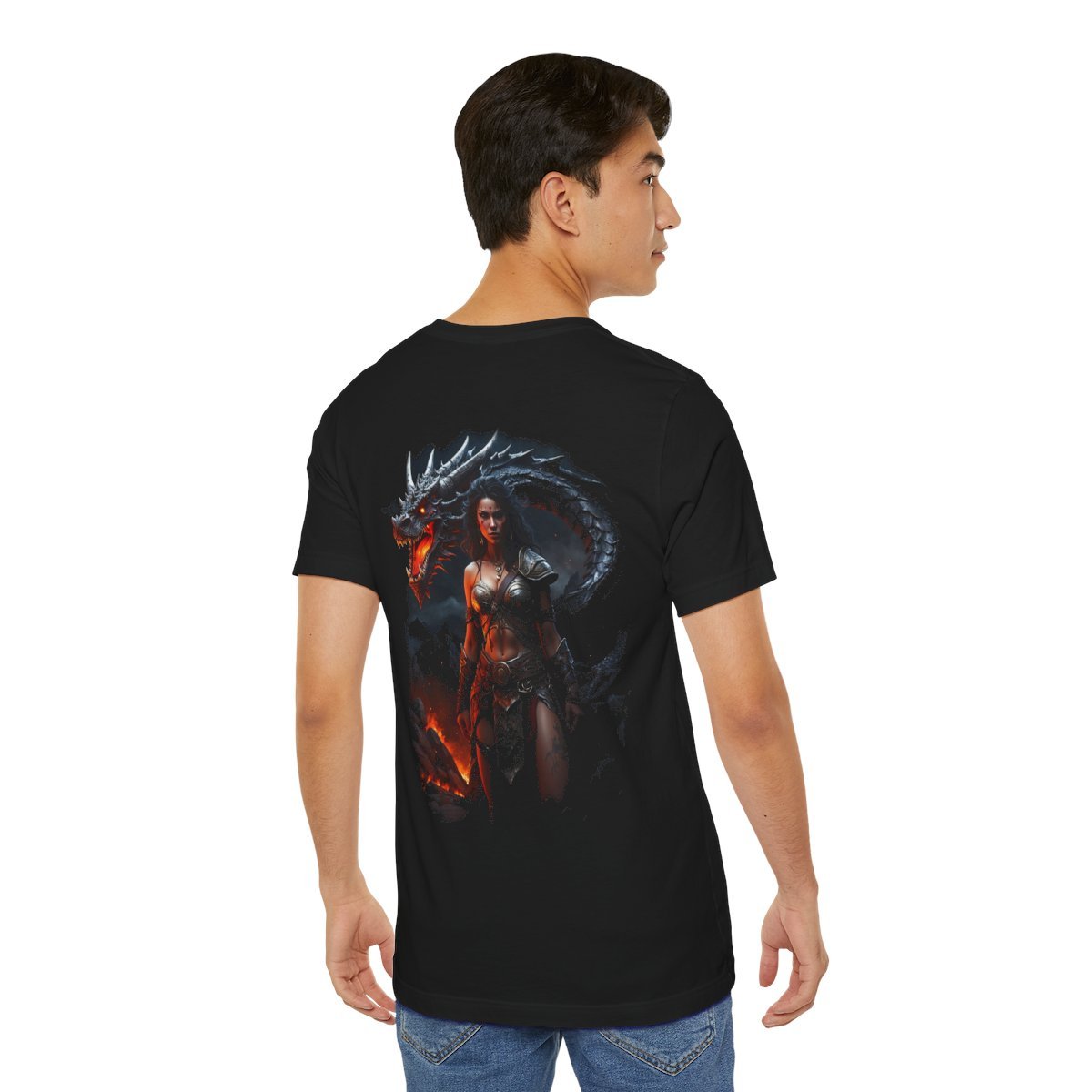 Barbarian Woman Warrior with a Red Fire Dragon (Unisex Jersey Short Sleeve Tee) - Image 21