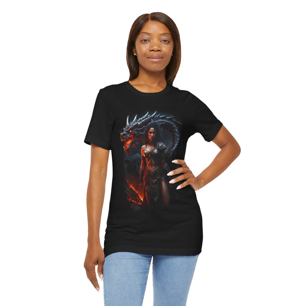 Barbarian Woman Warrior with a Red Fire Dragon (Unisex Jersey Short Sleeve Tee) - Image 22