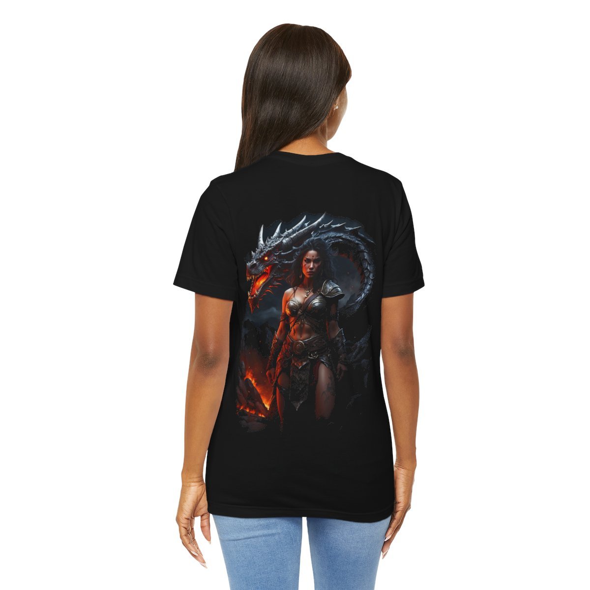 Barbarian Woman Warrior with a Red Fire Dragon (Unisex Jersey Short Sleeve Tee) - Image 23