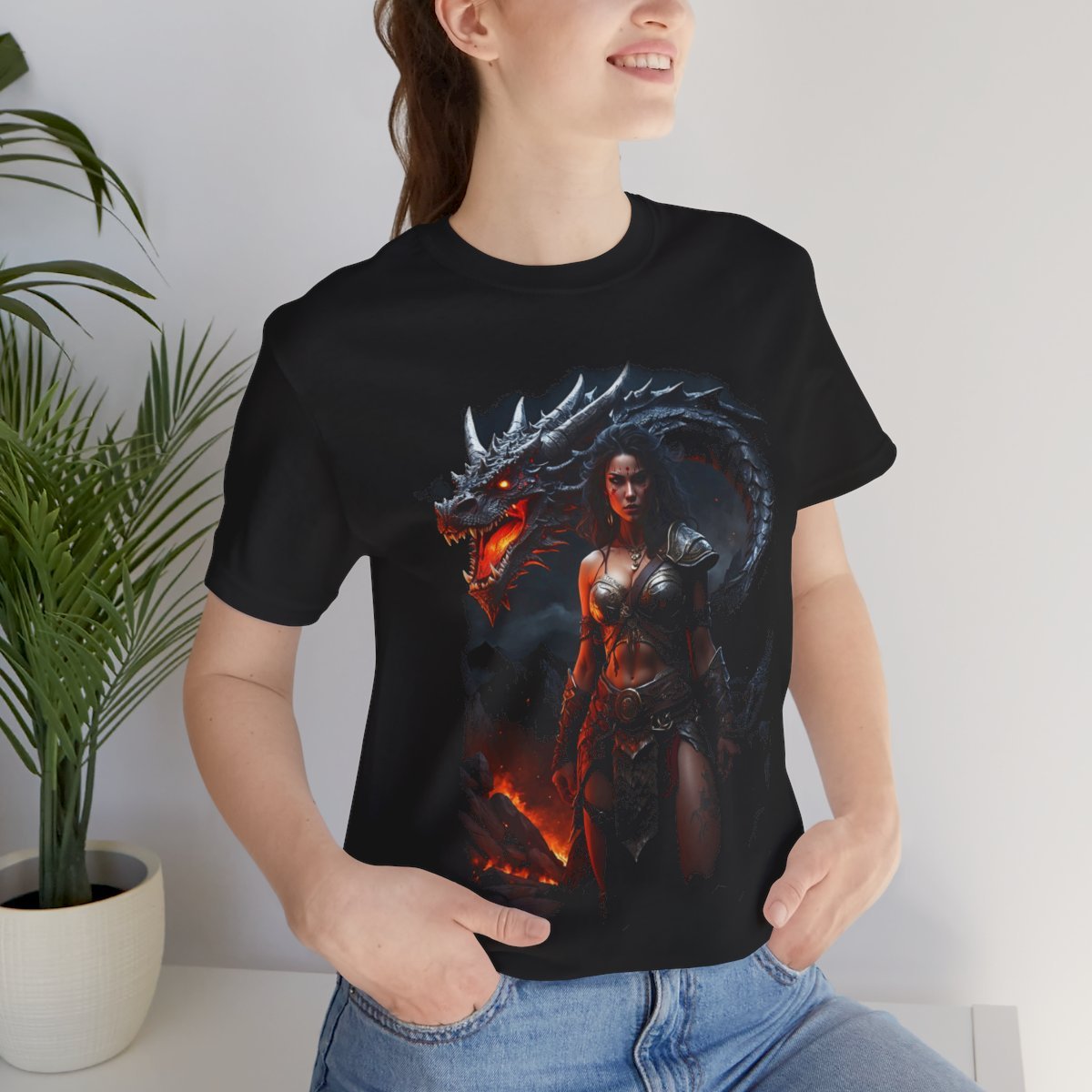Barbarian Woman Warrior with a Red Fire Dragon (Unisex Jersey Short Sleeve Tee) - Image 24
