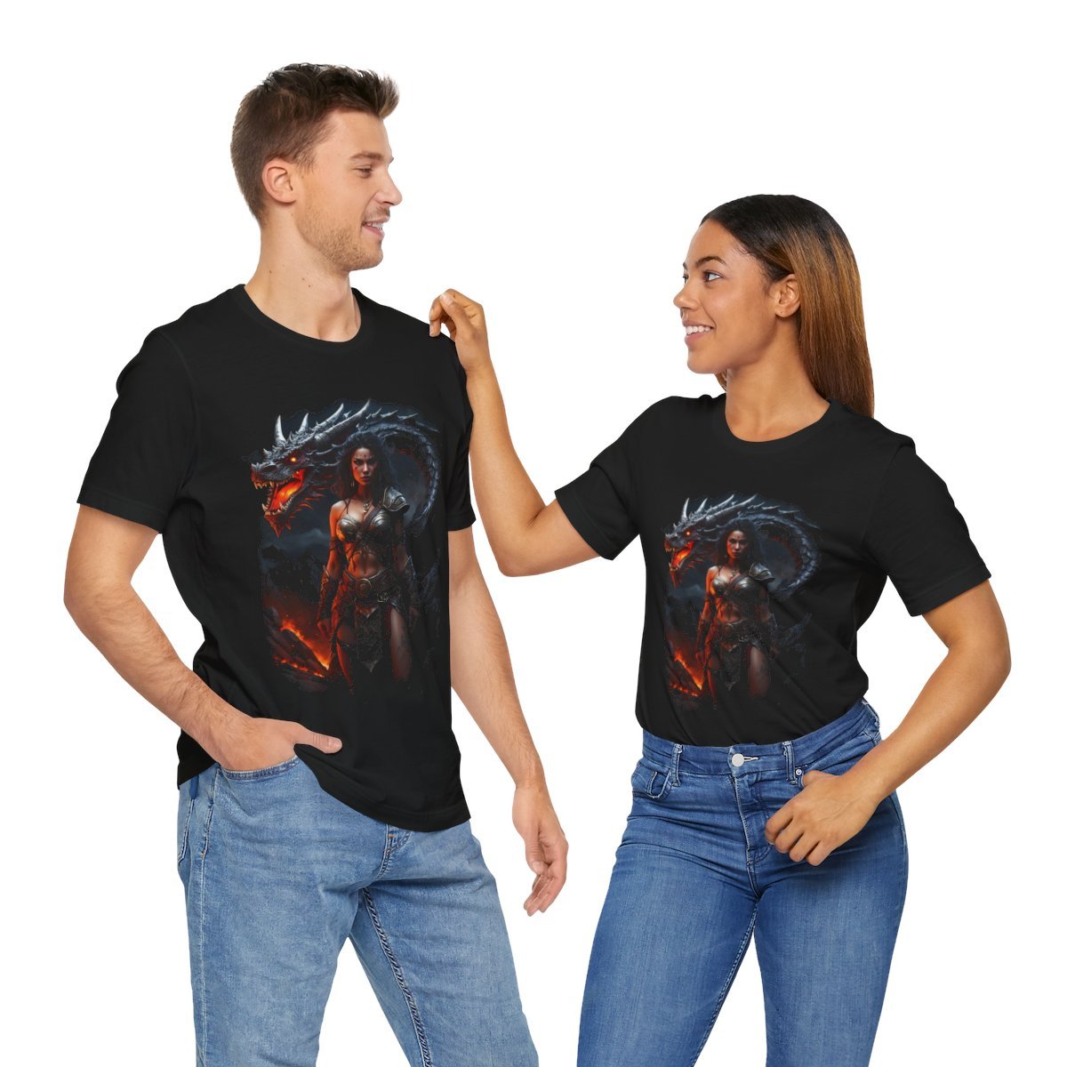 Barbarian Woman Warrior with a Red Fire Dragon (Unisex Jersey Short Sleeve Tee) - Image 25