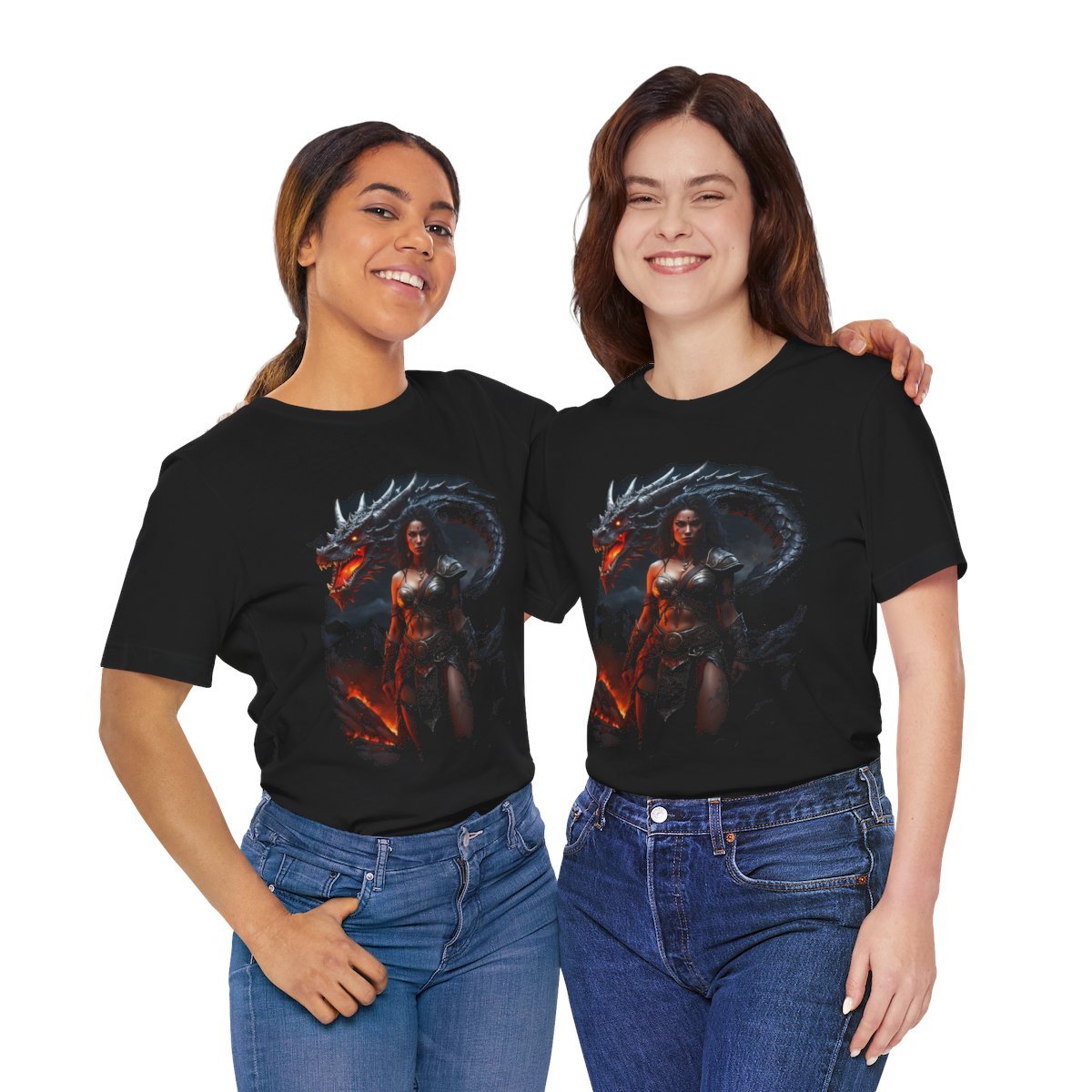 Barbarian Woman Warrior with a Red Fire Dragon (Unisex Jersey Short Sleeve Tee) - Image 27