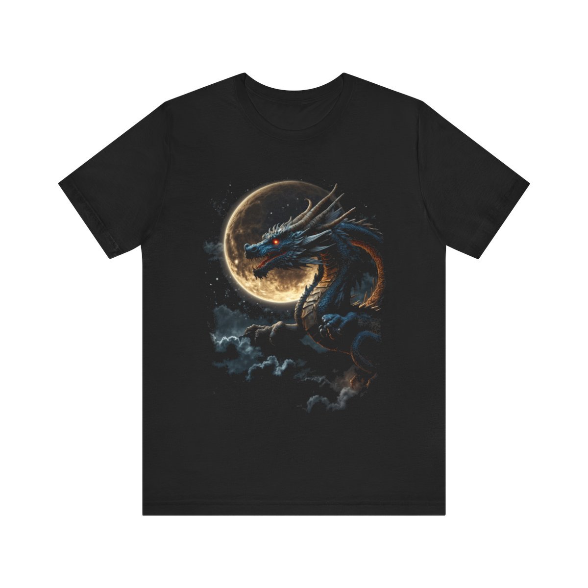 Golden Dragon flying over a silvery Full Moon (Unisex Jersey Short Sleeve Tee)