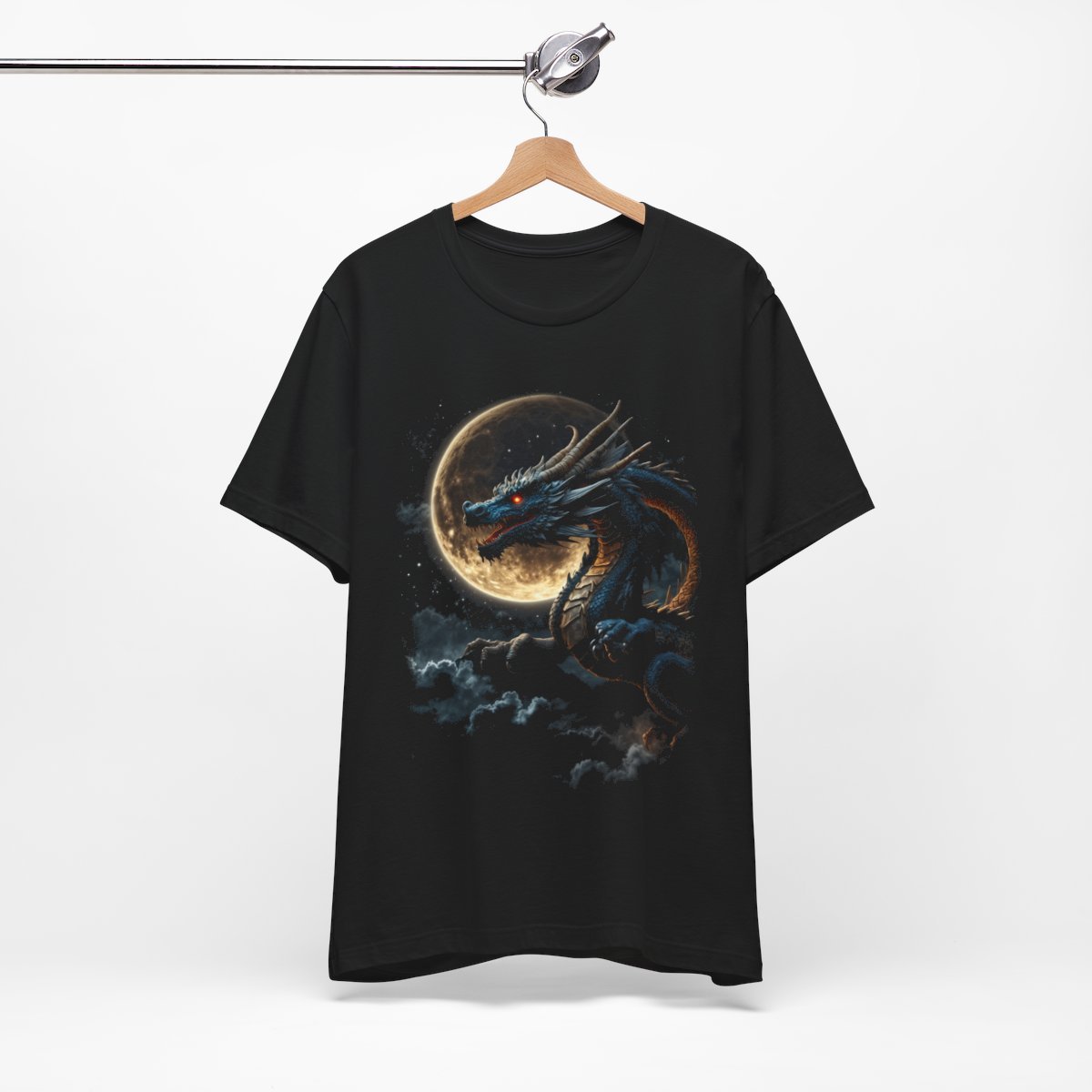Golden Dragon flying over a silvery Full Moon (Unisex Jersey Short Sleeve Tee) - Image 8