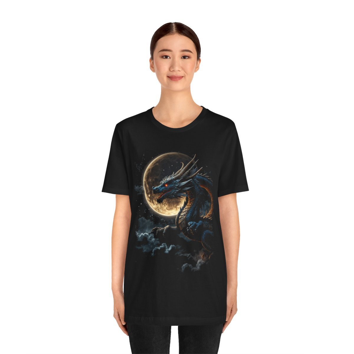 Golden Dragon flying over a silvery Full Moon (Unisex Jersey Short Sleeve Tee) - Image 12