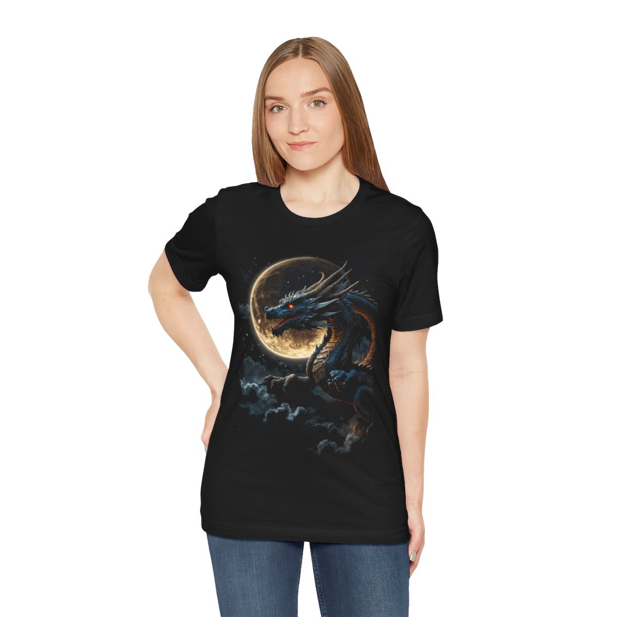 Golden Dragon flying over a silvery Full Moon (Unisex Jersey Short Sleeve Tee) - Image 13