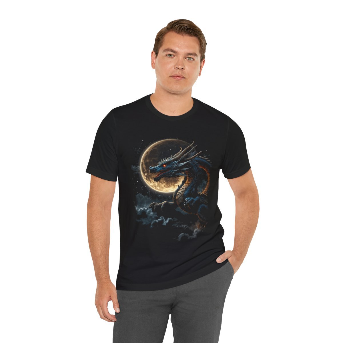Golden Dragon flying over a silvery Full Moon (Unisex Jersey Short Sleeve Tee) - Image 14