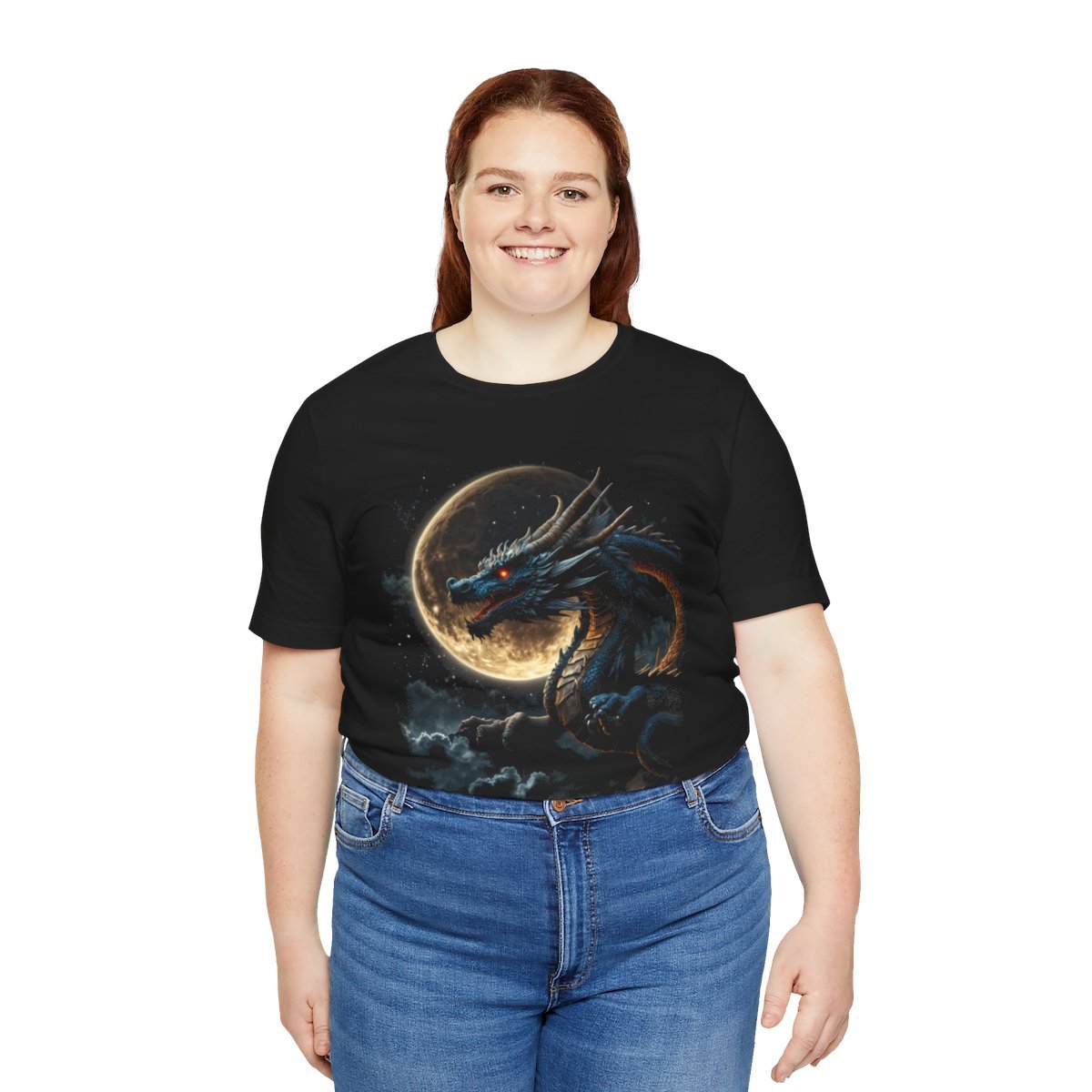 Golden Dragon flying over a silvery Full Moon (Unisex Jersey Short Sleeve Tee) - Image 15
