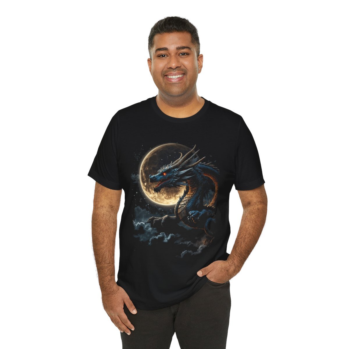 Golden Dragon flying over a silvery Full Moon (Unisex Jersey Short Sleeve Tee) - Image 16