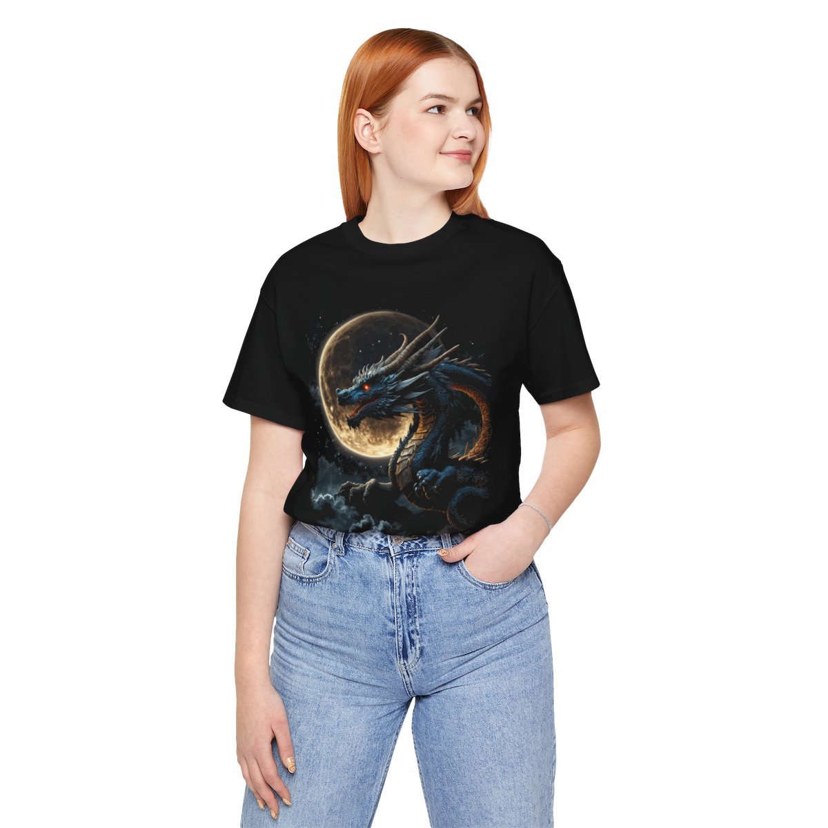 Golden Dragon flying over a silvery Full Moon (Unisex Jersey Short Sleeve Tee) - Image 18