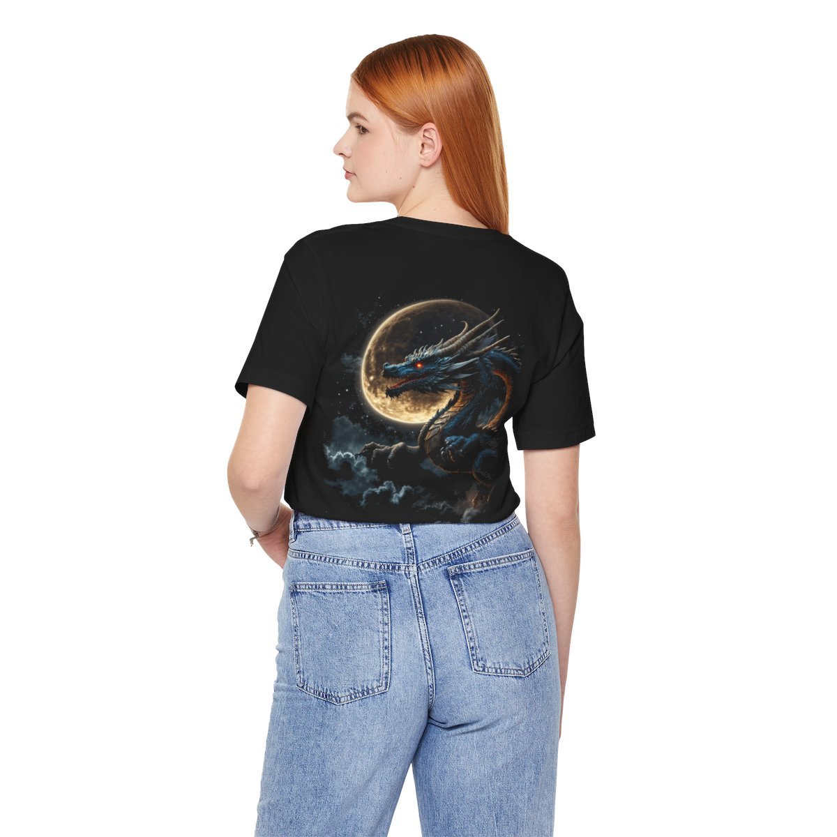 Golden Dragon flying over a silvery Full Moon (Unisex Jersey Short Sleeve Tee) - Image 19