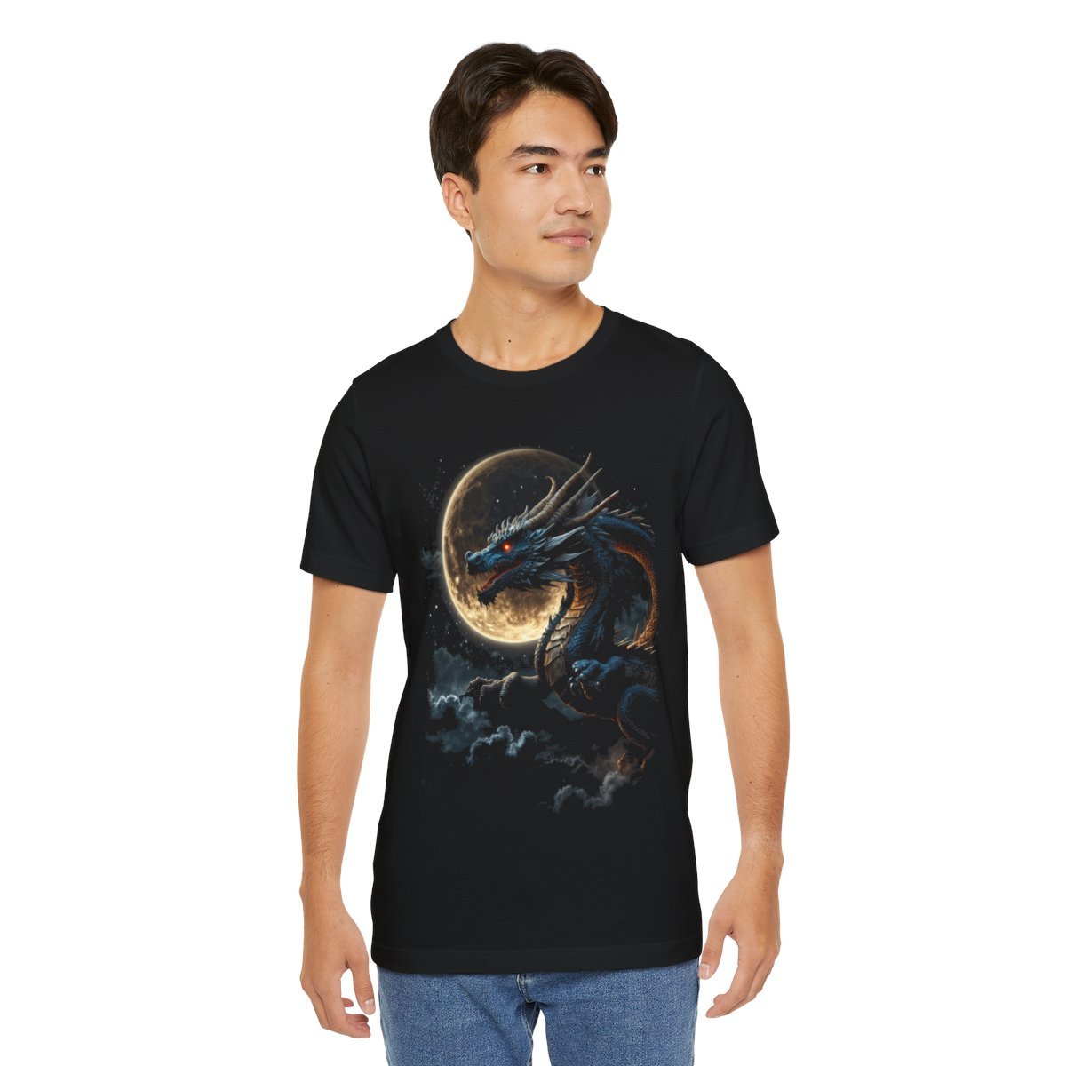 Golden Dragon flying over a silvery Full Moon (Unisex Jersey Short Sleeve Tee) - Image 20