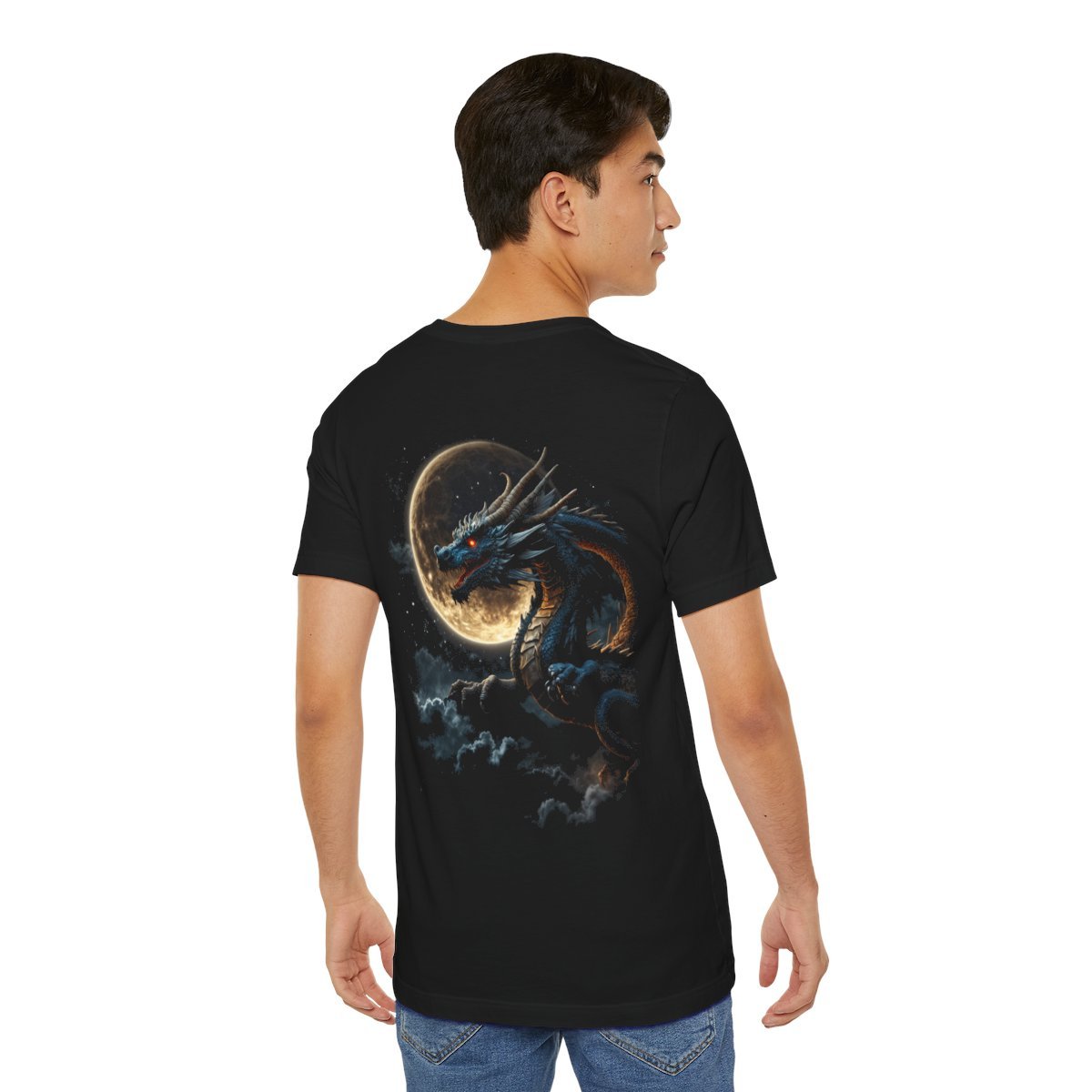 Golden Dragon flying over a silvery Full Moon (Unisex Jersey Short Sleeve Tee) - Image 21
