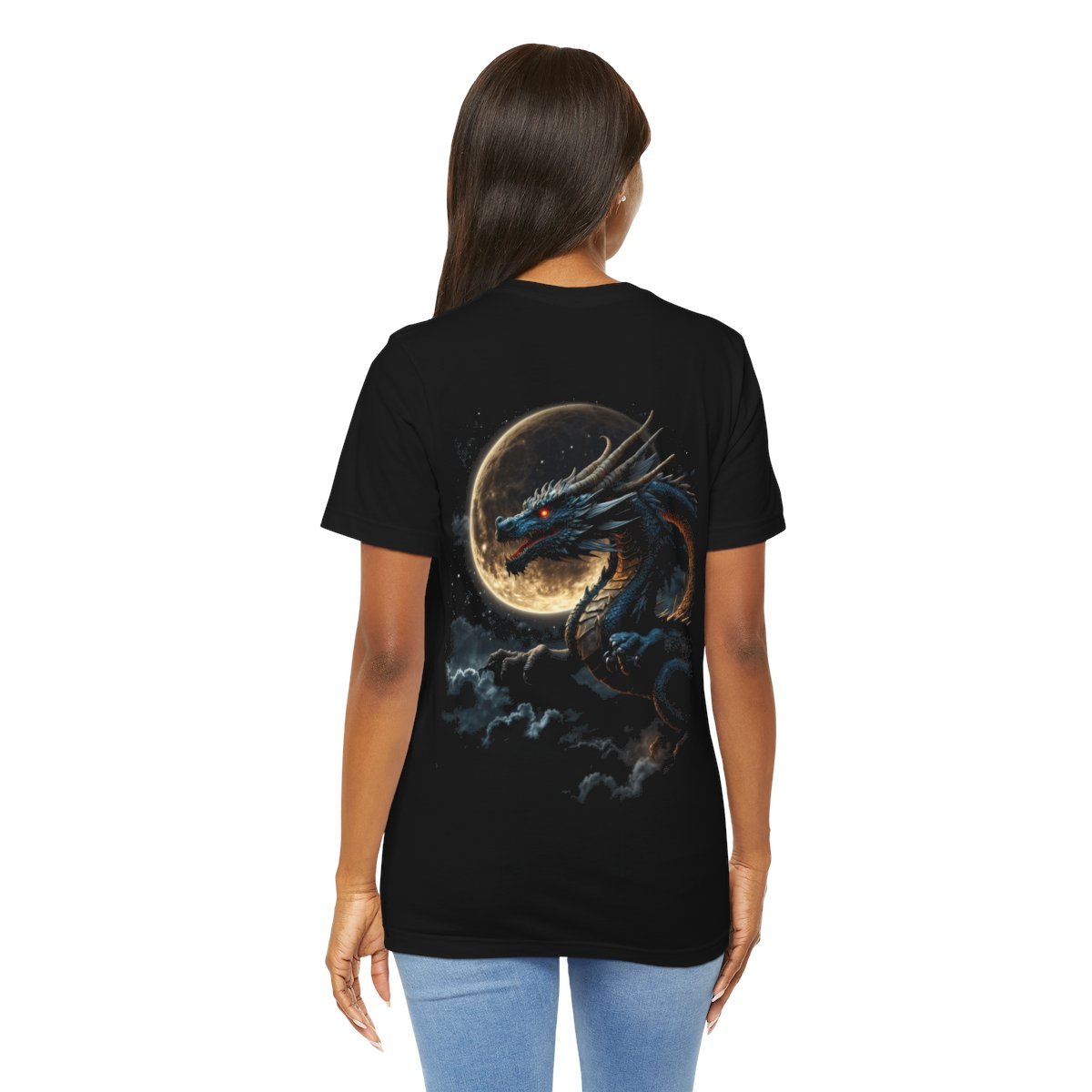 Golden Dragon flying over a silvery Full Moon (Unisex Jersey Short Sleeve Tee) - Image 23