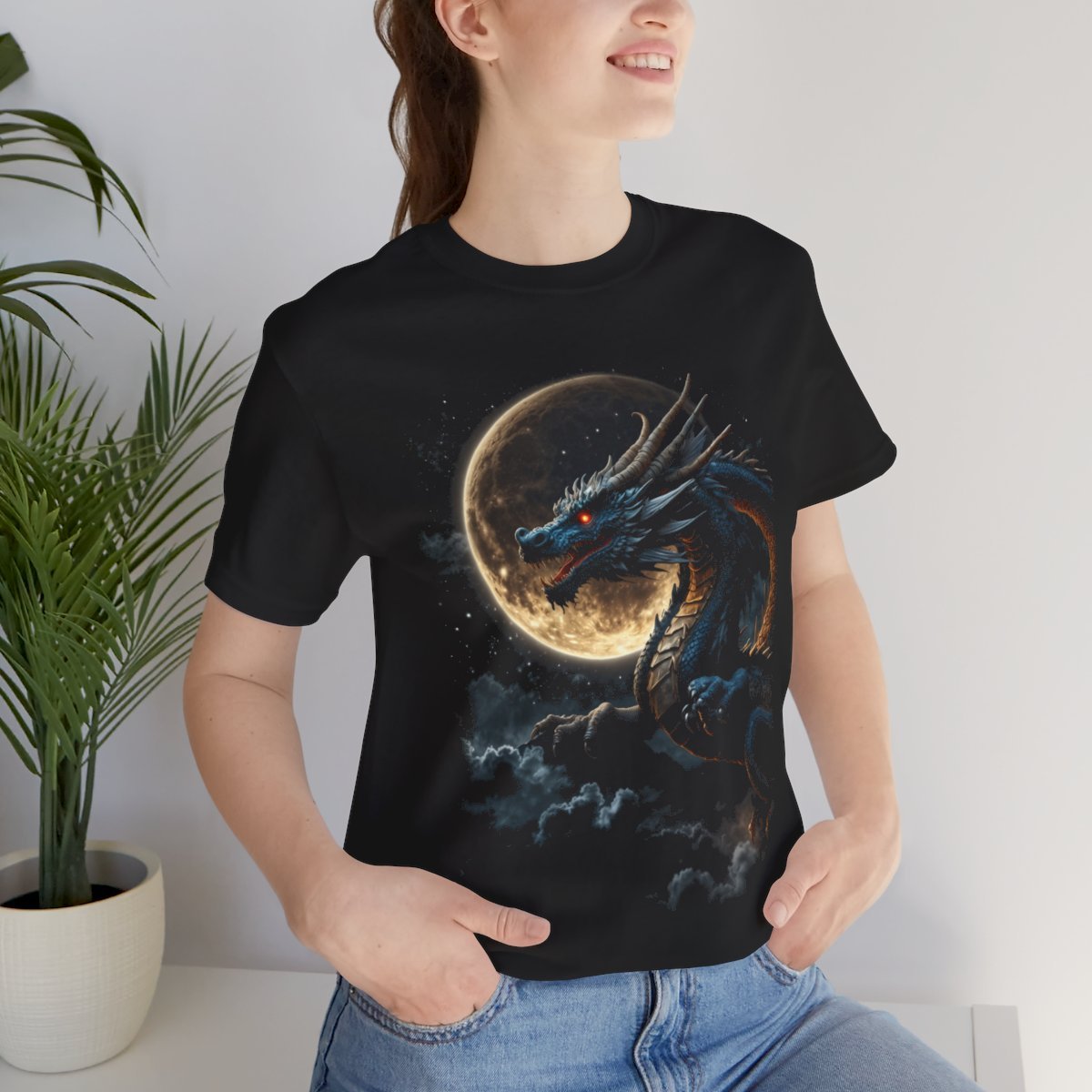 Golden Dragon flying over a silvery Full Moon (Unisex Jersey Short Sleeve Tee) - Image 24