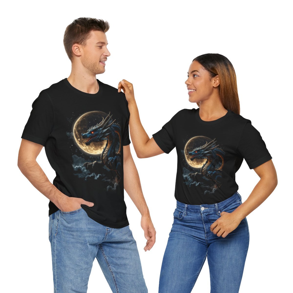 Golden Dragon flying over a silvery Full Moon (Unisex Jersey Short Sleeve Tee) - Image 25