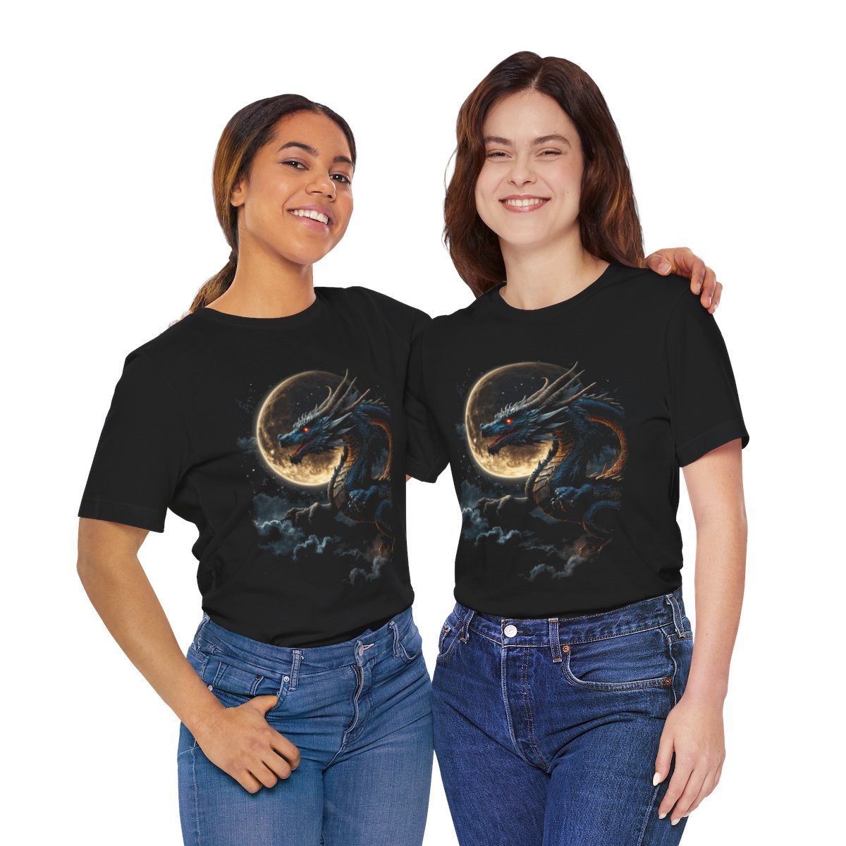 Golden Dragon flying over a silvery Full Moon (Unisex Jersey Short Sleeve Tee) - Image 27