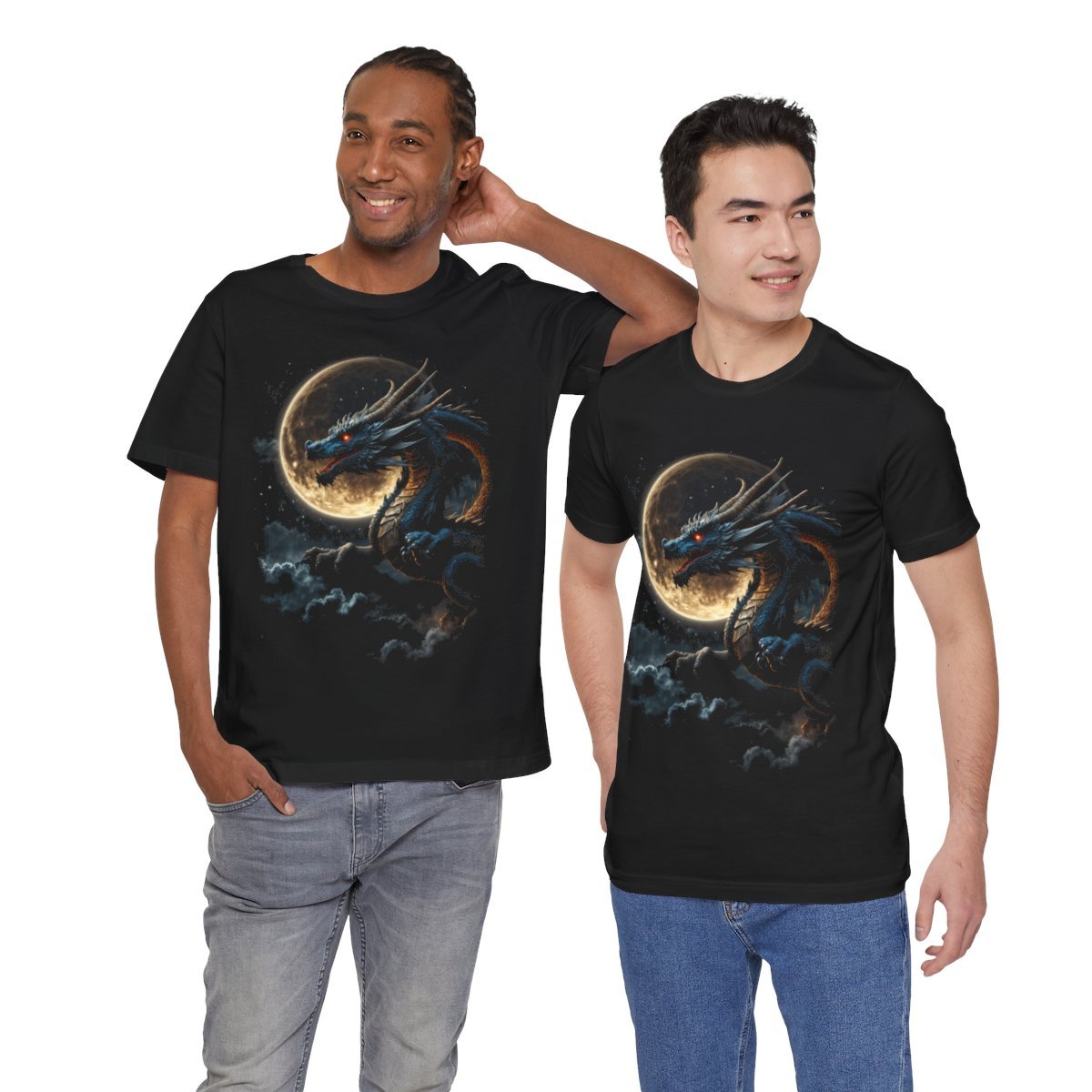 Golden Dragon flying over a silvery Full Moon (Unisex Jersey Short Sleeve Tee) - Image 28