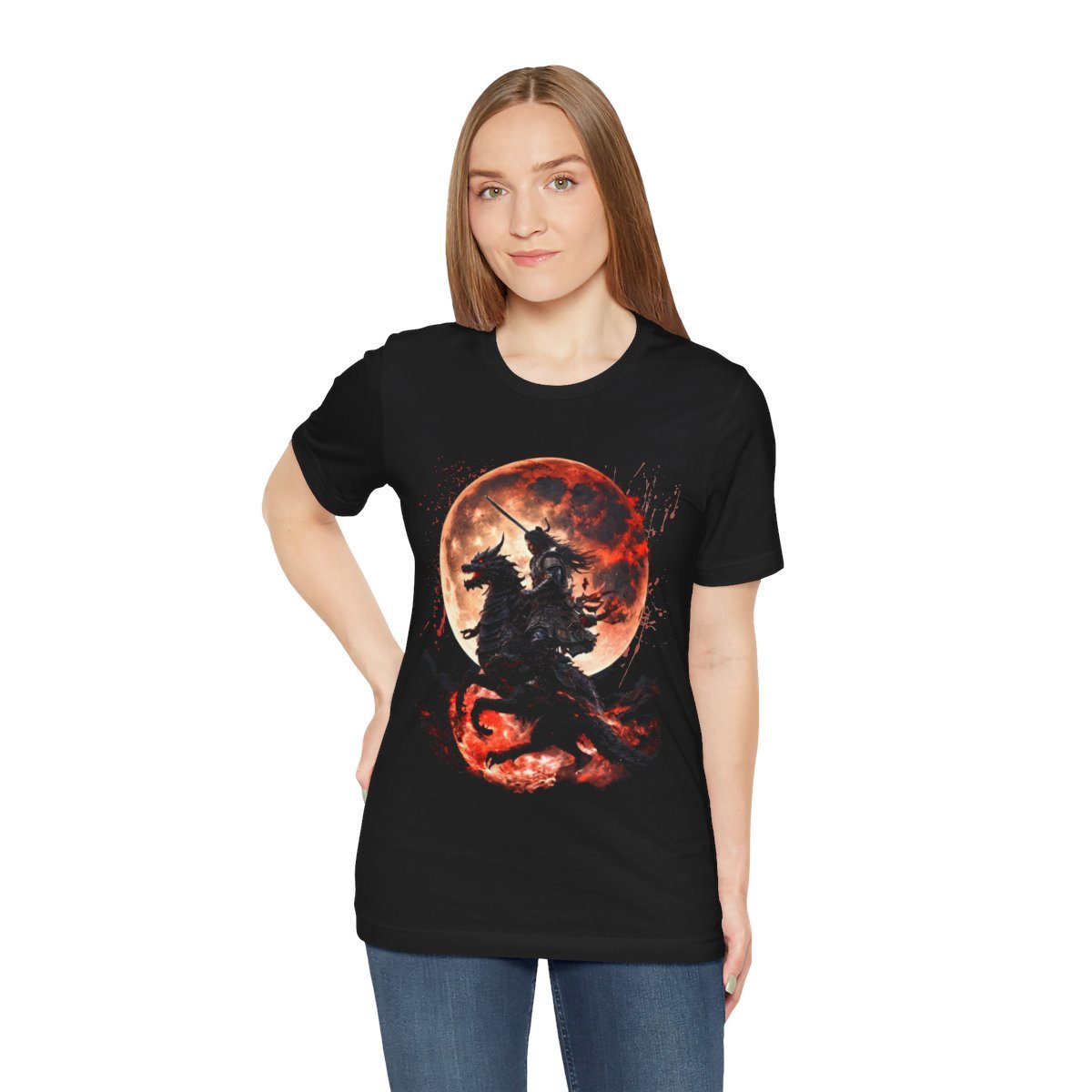 Dragon Rider Riding Across a Blood red Moon Unisex Jersey Short Sleeve Tee - Image 14