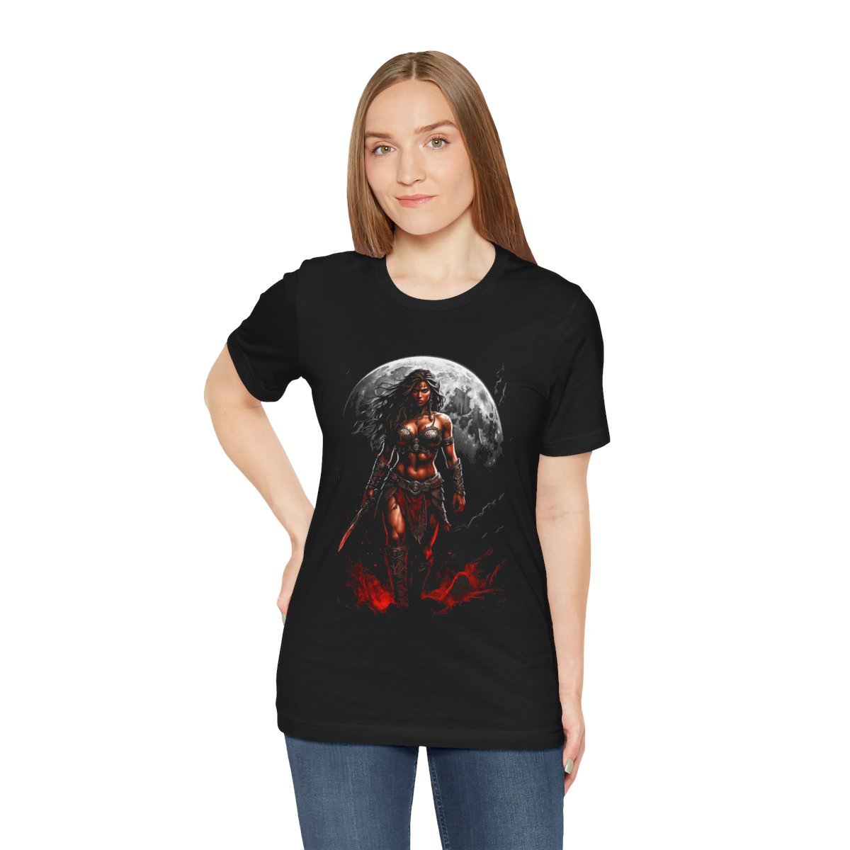 Kaida Black over a Blood Red Moon (Unisex Jersey Short Sleeve Tee) - Image 13