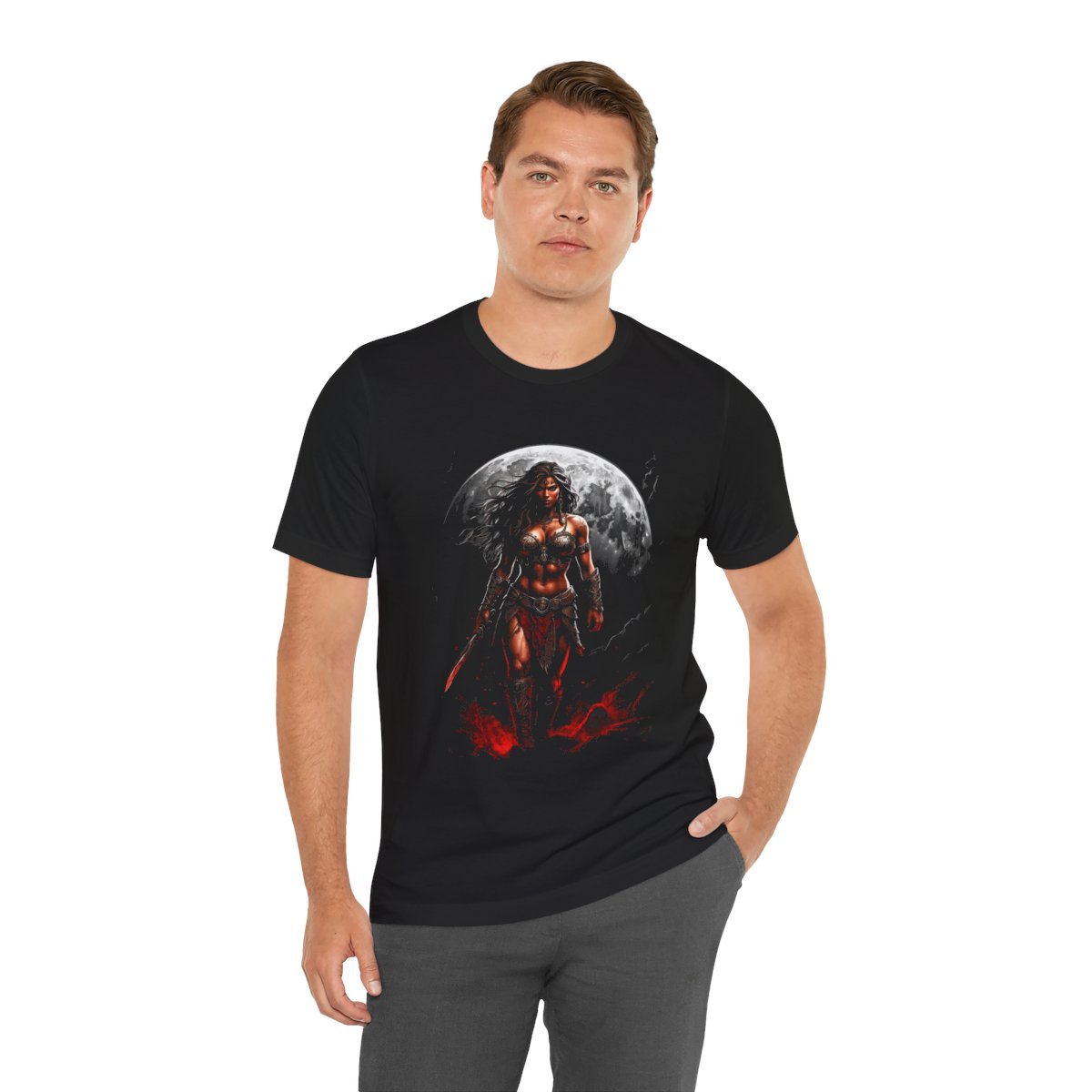 Kaida Black over a Blood Red Moon (Unisex Jersey Short Sleeve Tee) - Image 14