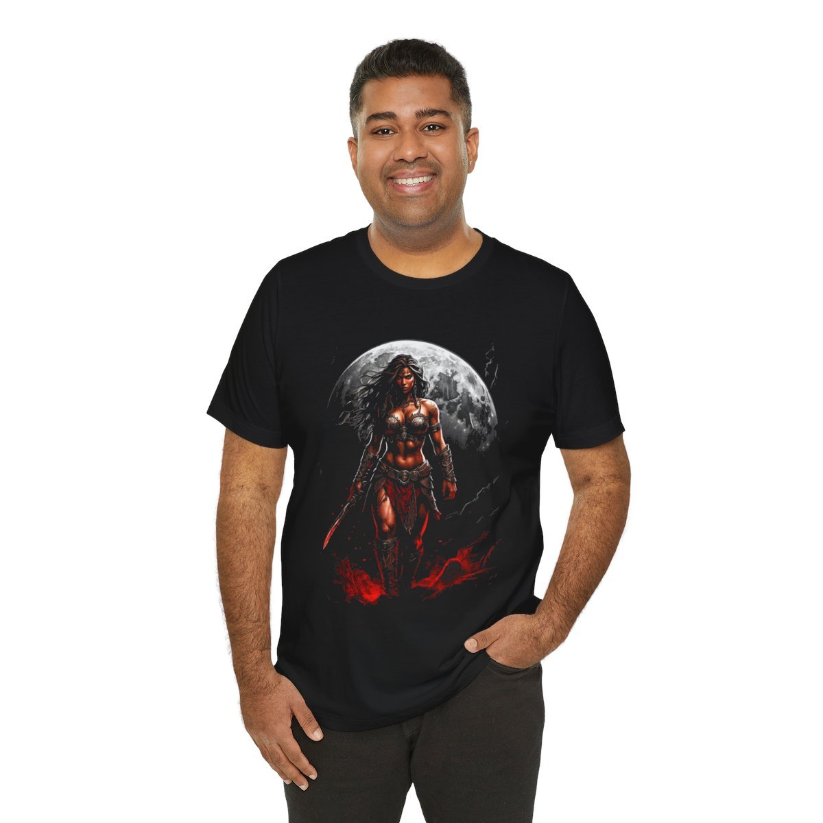 Kaida Black over a Blood Red Moon (Unisex Jersey Short Sleeve Tee) - Image 16