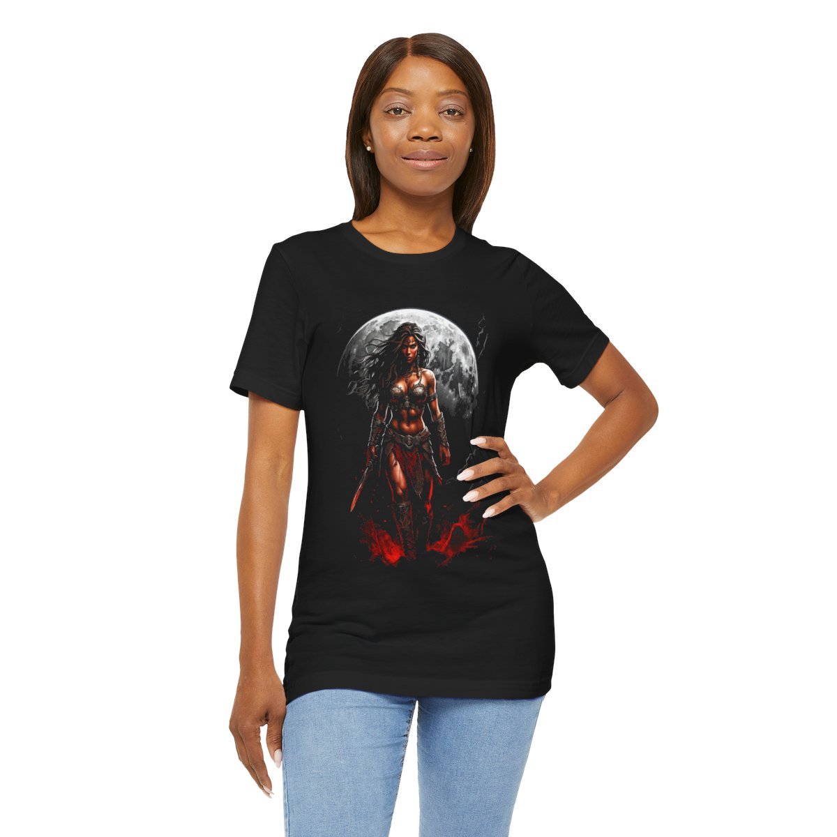 Kaida Black over a Blood Red Moon (Unisex Jersey Short Sleeve Tee) - Image 22